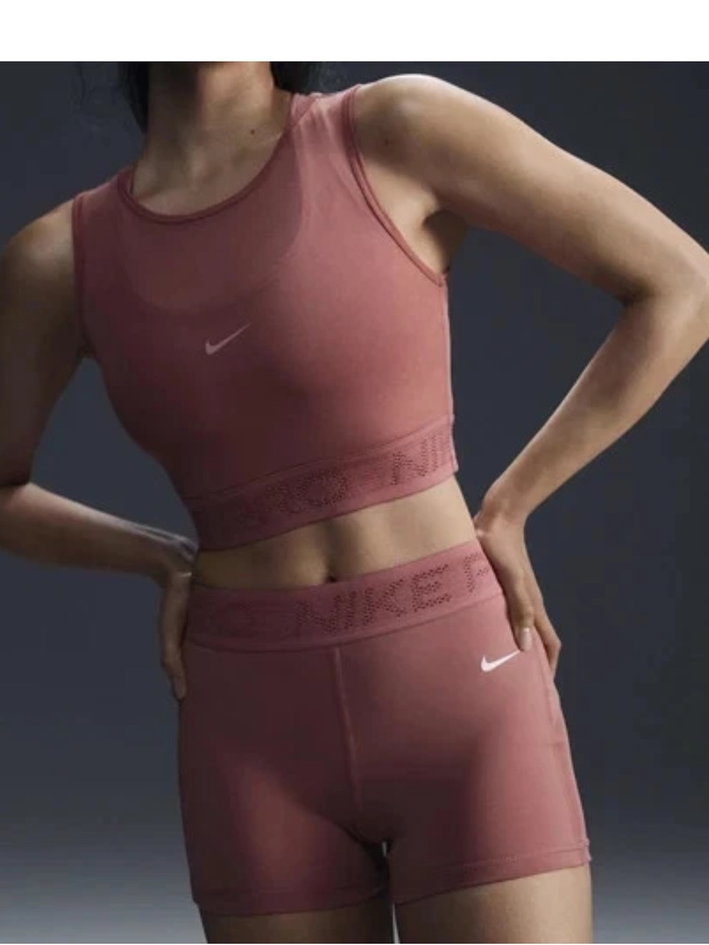Nike Pro Women’s 3” Dri-FIT Training Shorts & Crop Mesh Top in Copper Size Small